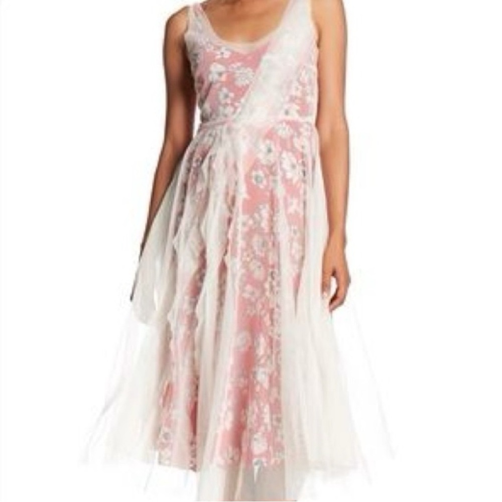 NWT Tracy Reese Red silk floral dress with cream tulle overlay Sz 10